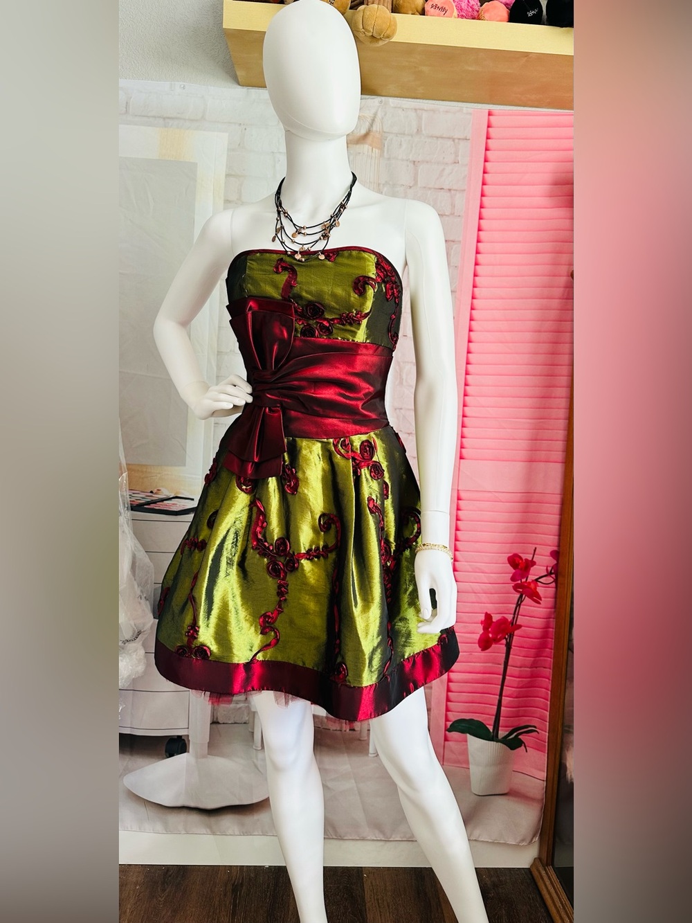 Jessica McClintock Olive & Burgundy Strapless Fit-and-Flare Party Dress